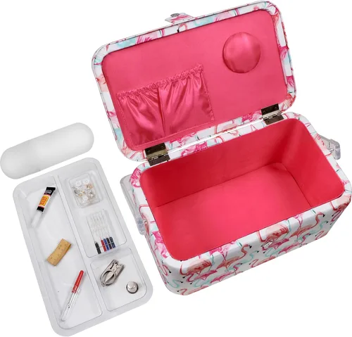 Miniatura 8 de SINGER Cesta de aparejos grande de alta calidad, estampado de flamenco pastel con kit de costura de viaje de emergencia y bolsa con cremallera a