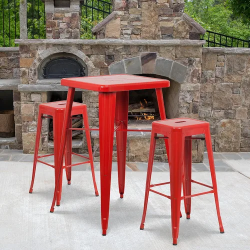 Miniatura 2 de Flash Furniture Lily - Juego de 4 taburetes de bar de metal rojo sin respaldo de 30 pulgadas de alto grado comercial para interiores y exteriores