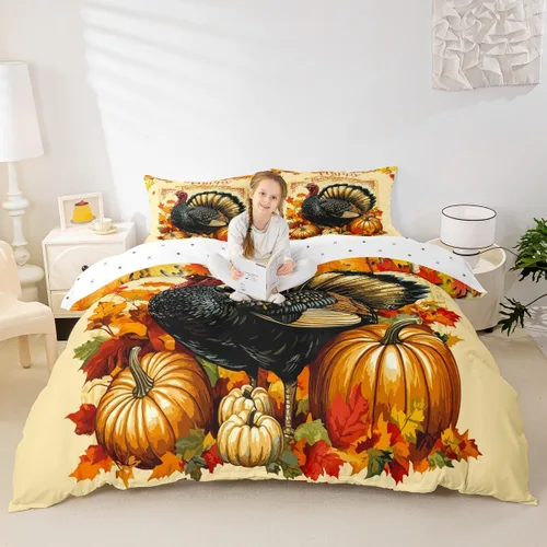 Miniatura 2 de Erosebridal Juego de funda de edredón individual de pavo de Acción de Gracias, juego de ropa de cama de calabaza y hojas de otoño para niños