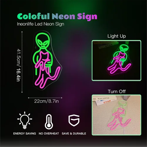 Miniatura 3 de ineonlife Letrero de neón de gato alienígena gracioso, letreros de neón en verde y rosa, artículos de gato alienígena para pared, cueva de hombres