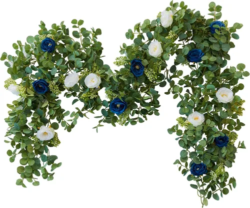 PARTY JOY Guirnalda de eucalipto de 6.56 pies con flores - 8 rosas azules y blancas, flores artificiales falsas, guirnalda de follaje con