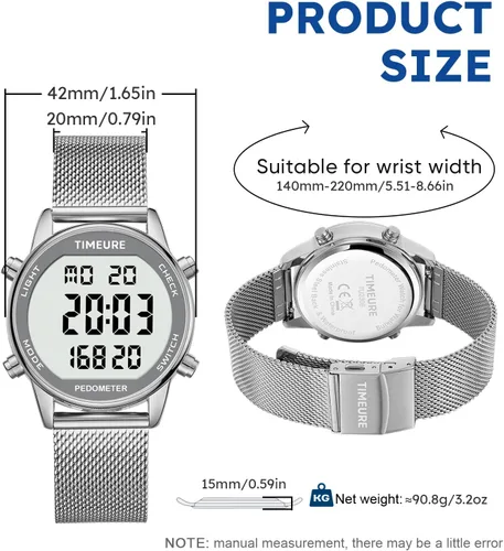Miniatura 6 de Reloj podómetro para hombre con pulsera de acero inoxidable, reloj contador de pasos sin aplicación, sin necesidad de carga para caminar al aire