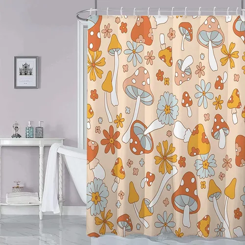 Miniatura 8 de Cortina de ducha retro bohemia para baño con 12 ganchos, moderna cortina de ducha abstracta de mediados de siglo, estilo bohemio, cortina divertida