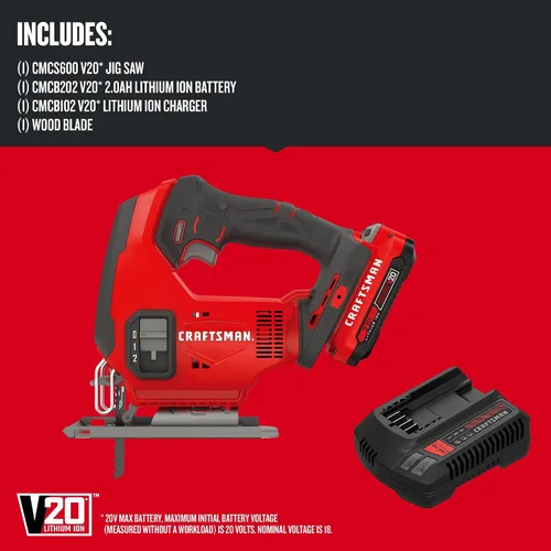 Miniatura 2 de CRAFTSMAN Kit de sierra caladora inalámbrica V20, 3 ajustes orbitales, hasta 2,500 SPM, batería y cargador incluidos (CMCS600D1)