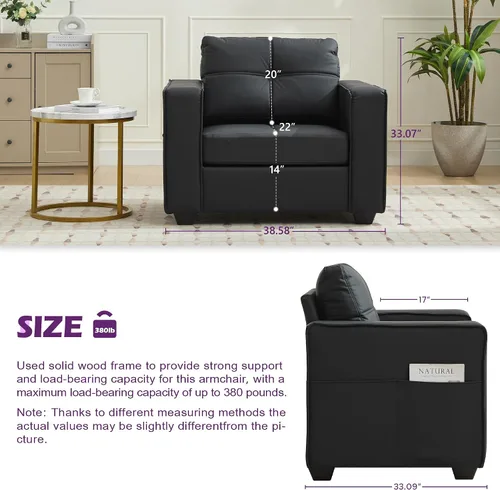 Miniatura 2 de TYBOATLE - Silla Accent cómoda de cuero sintético negro para sala de estar, silla de lectura extragrande con botones decorativos, estilo moderno