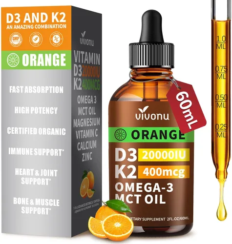 VivoNu Gotas de vitamina D3 K2, D3 20000 UI y K2 como MK-7 400mcg con magnesio, calcio, zinc y Omega 3 para inmune*, estado de ánimo*, hueso* salud,