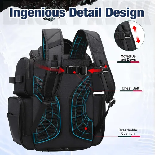 Miniatura 5 de Piscifun Mochila de pesca con 2 soportes para caña y 4 cajas de aparejos, bolsa grande de almacenamiento de aparejos con cubierta de lluvia