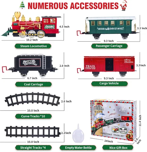 Miniatura 2 de OCHIDO Juego de Tren de Navidad, Juego de Tren Eléctrico con Humo, Luces y Sonido, Juego de Tren de Juguete para Debajo del Árbol de Navidad
