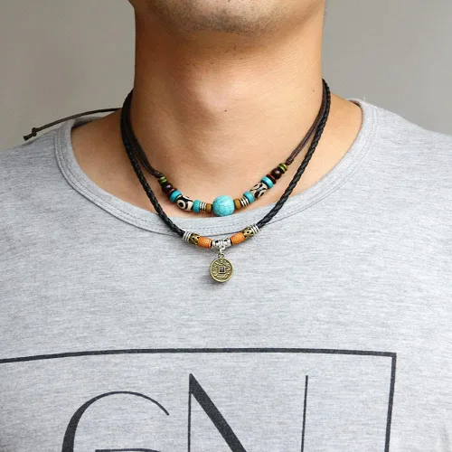 Miniatura 5 de Beulous Collar de cuero con cuentas de doble capa estilo tribal vintage para hombre y mujer, con colgante para surfista de verano y playa, Cuero, No