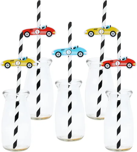 Serencatcher 24 popotes de papel de auto de carreras, recuerdo de fiesta de coche de carreras con pajitas a rayas, mini decoración vintage para