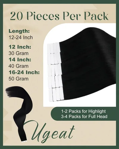 Miniatura 4 de Ugeat Extensiones de cabello humano con cinta invisible, extensiones de cabello negro con cinta, extensiones de cabello humano negro azabache