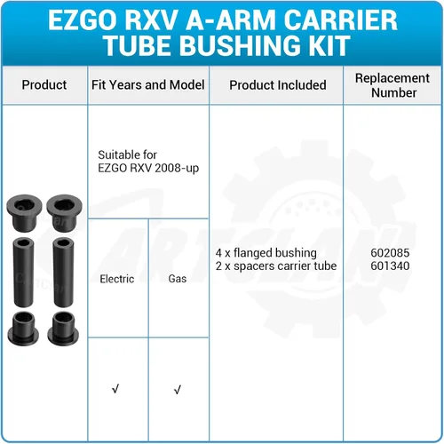 Miniatura 6 de EZGO RXV Kit de buje de tubo portador de brazo A para carrito de golf eléctrico y gas 2008 en adelante 602085 601340