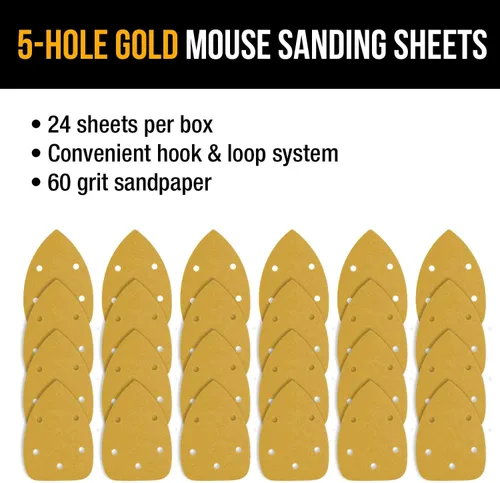 Miniatura 4 de Dura-Gold Hojas de lija de papel de lija prémium con detalle de ratón, grano 60 (caja de 24), discos triangulares de 5 agujeros con gancho y bucle