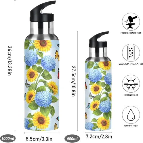 Miniatura 2 de Stainless Steel Vacuum Insulated Water Bottle 20 Oz, BPA-Free Sports Water Bottle for Gym Outdoor Travel School, Yellow Sunflowers