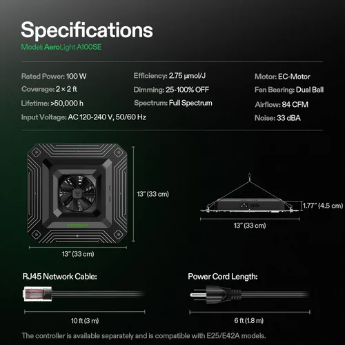 Miniatura 7 de VIVOSUN AeroLight A100SE, luz de cultivo LED de 100W con ventilador de circulación integrado, compatible con la aplicación, se utiliza