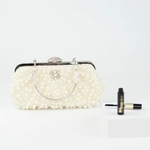 Miniatura 9 de Ofuleo Bolsos de mano de perlas de lujo, bandolera de cristal para mujer, para boda, noche, fiesta casual, Blanco