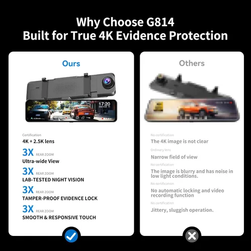 Miniatura 7 de JOMISE G814 11" 4K+2.5K Cámara de Espejo Retrovisor — Sin WiFi/Bluetooth, Cámara de Salpicadero Frontal y Trasera, Grabadora de Evidencia Pura