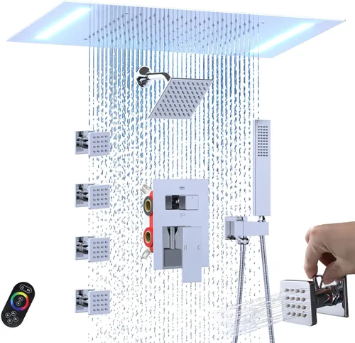 Miniatura 15 de ENGA - Sistema de ducha doble LED de lluvia, cabezal de ducha grande de 14 x 20 pulgadas + ducha de pared de 6 pulgadas, 4 chorros corporales