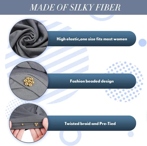 Miniatura 3 de 6 Pieces Women African Turban Head Wraps Caps Twisted Braid Beaded Elastic Wrap Cap