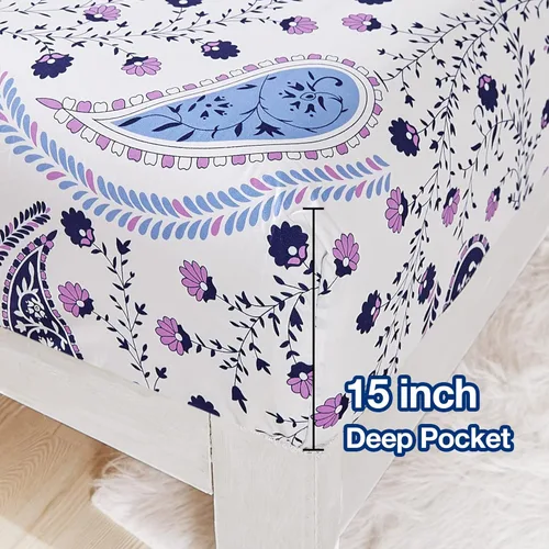 Miniatura 3 de JSD Juego de sábanas con estampado floral de cachemira, tamaño Queen, 4 piezas, sábanas de microfibra con patrón suave, bolsillo extra profundo