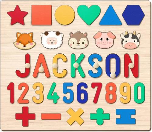 Rompecabezas personalizado con nombre para niños pequeños de 1 a 3 años, bloques de madera con letras, números y formas, regalos personalizados para