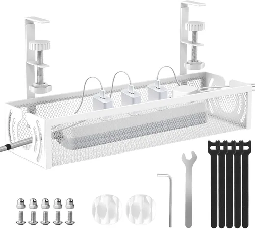 Miniatura 8 de Organizador de cables, bandeja de organización de cables debajo del escritorio de 15 pulgadas, sin taladro, organizador de cables de metal con Negro