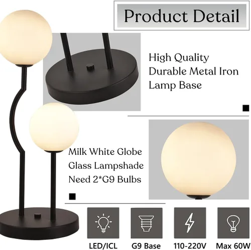 Miniatura 2 de Lámpara de mesa de globo negro de mediados de siglo industrial retro con 2 luces orbiculares de escritorio con globo de vidrio blanco para mesita
