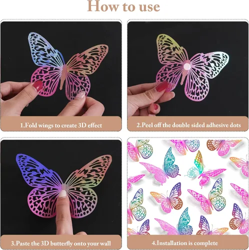 Miniatura 7 de SAOROPEB Decoración de pared de mariposa 3D, 48 piezas, 4 estilos, 3 tamaños, decoraciones de mariposa morada para decoraciones de cumpleaños