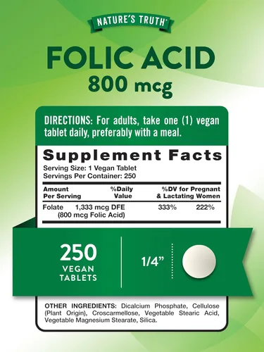 Miniatura 2 de Nature's Truth Ácido fólico 800 mcg 250 tabletas Suplemento vegano, sin OMG y sin gluten