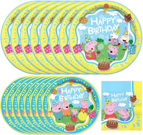 Treasures Gifted Suministros para fiesta de cumpleaños de Peppa Pig con licencia oficial, sirve para 16 invitados, juego de vajilla para