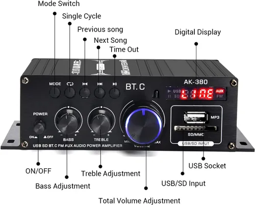 Miniatura 6 de AK-380 Bluetooth 5.0 Amplificador de audio para el hogar, máximo 400W+400W 2.0CH HiFi Stereo con fuente de alimentación de 12 V 5 A, receptor
