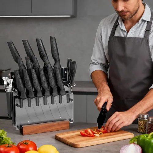 Miniatura 7 de Juego de 20 cuchillos de cocina con bloque, acero inoxidable alemán, apto para lavavajillas, mango antideslizante, color negro
