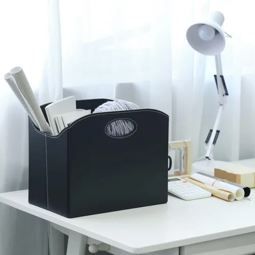 Miniatura 3 de EZDeco Revistero plegable con soporte para revistas de PU de cuero en el suelo, organizador de archivos de PU para periódicos, libros, cesta