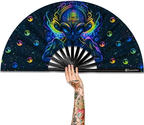 Miniatura 12 de Ventilador plegable grande, ventilador Clack Rave de 13 pulgadas, ventilador de mano para mujeres y hombres con tela de satén de alta calidad, marco