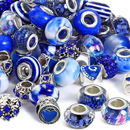 Miniatura 8 de 80 piezas surtidas de cuentas europeas de agujero grande, cuentas de vidrio espaciadoras, cuentas de diamantes de imitación, dijes de metal macramé