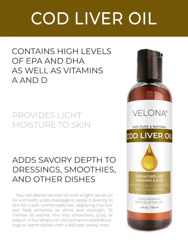 Miniatura 2 de velona Aceite de hígado de bacalao – 4 onzas líquidas 1,000A/100D UI/g Omega 3 Vitaminas A y D3 Aceite nórdico de origen sostenible del Ártico