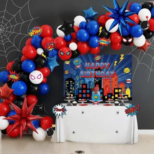Kit de arco de guirnalda de globos azul rojo negro blanco 140PCS con tarjetas de fondo adhesivas Globos de mylar grandes Starburst para fiesta de