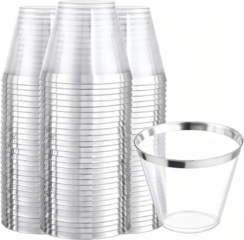Ciaell 200 PCS Vasos de Plástico Plateados - Vasos de Plástico Resistentes de 9 Oz - Vasos con Borde Plateado - Vasos Transparentes Desechables con