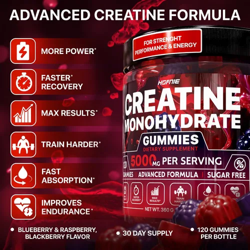 Miniatura 3 de Gomitas de monohidrato de creatina de 5000 mg - Creatina vegana sin azúcar para hombres y mujeres - Monohidrato de creatina masticable con sabor a