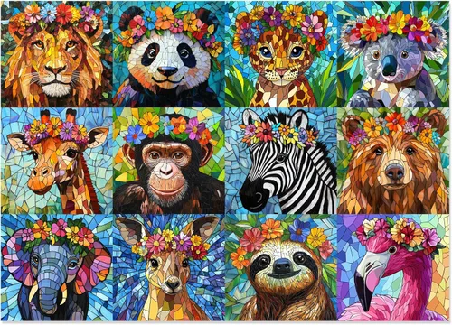 Rompecabezas de 1000 piezas para adultos, rompecabezas de mosaico colorido de vida silvestre, diseño de animales de la selva con flores, perfecto