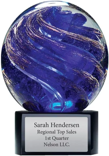 Baudville Trofeo de lágrima de cristal grabado Azul-oro redondo