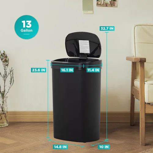 Miniatura 7 de PayLessHere Bote de basura de plástico de 13 galones Negro Tapa automática sin contacto con sensor de movimiento Bote de basura de cocina