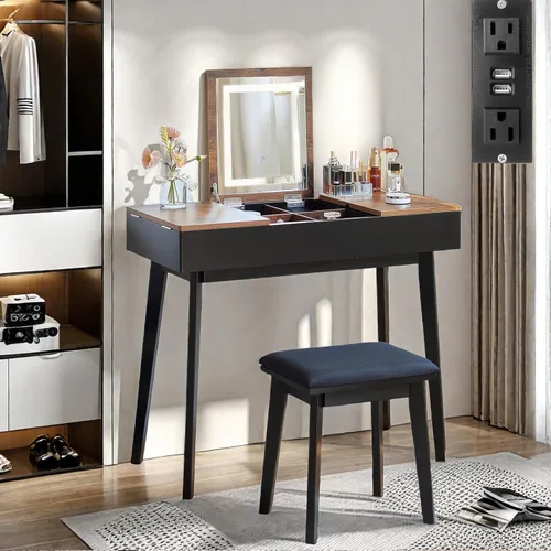 Miniatura 3 de Tocador Pequeño, Tocador Compacto para Niñas con Taburete y Toma de Corriente, Escritorio de Maquillaje con Espejo y Luz LED, Mesa de Tocador