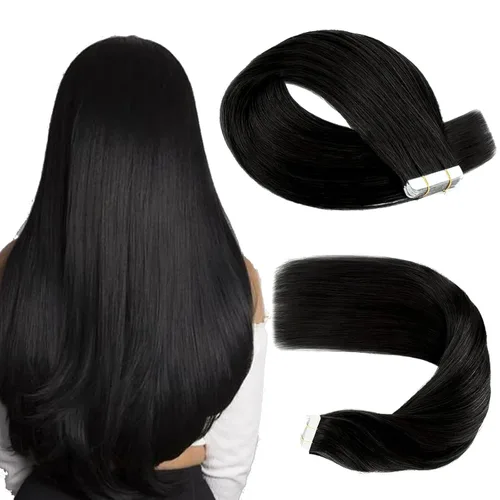 Sassina Extensiones de Cabello Humano con Cinta Negro Azabache 12 Pulgadas 30g/paquete 20pcs Liso Sin Costuras Trama de Piel Extensiones de Cabello