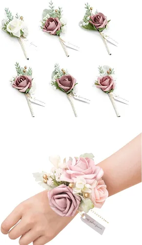 Miniatura 9 de Ling's Moment Paquetes de flores de boda prearreglados en azul polvoriento y azul marino, paquete de boutonnieres y ramilletes de muñeca