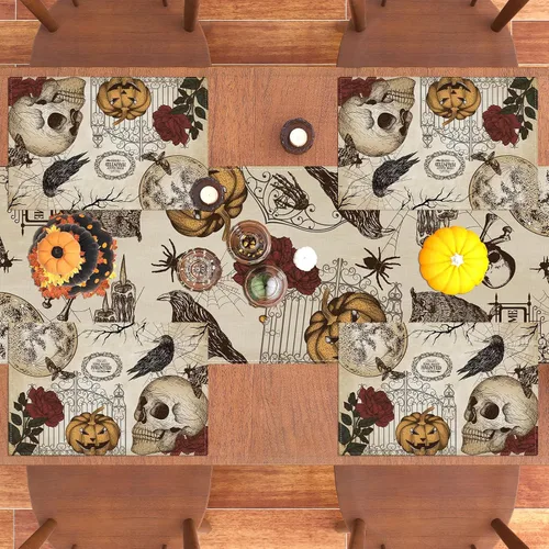 Miniatura 6 de Manteles individuales retro de Halloween, diseño de calavera gótica, Día de los Muertos, decoración y suministros de Halloween para la mesa