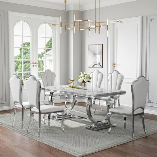 Miniatura 32 de Juego de mesa de comedor de mármol de 70 pulgadas para 6, mesa de cocina grande y sillas de cuero negro, mesas de comedor modernas negras y doradas