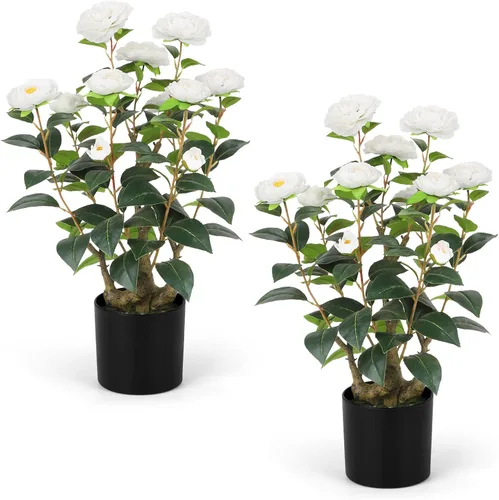 Miniatura 11 de Romantic Season 2FT Orange Artificial Camellia Tree 2Pack, Faux Camellia Plant Fake Potted Camellia Flower Tree for Modern Home Office Living Room