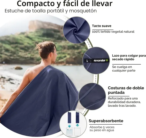 Miniatura 3 de 4Monster Toallas de camping súper absorbentes, toalla de viaje de microfibra de secado rápido, ultra suave, compacta, toalla de gimnasio para nadar