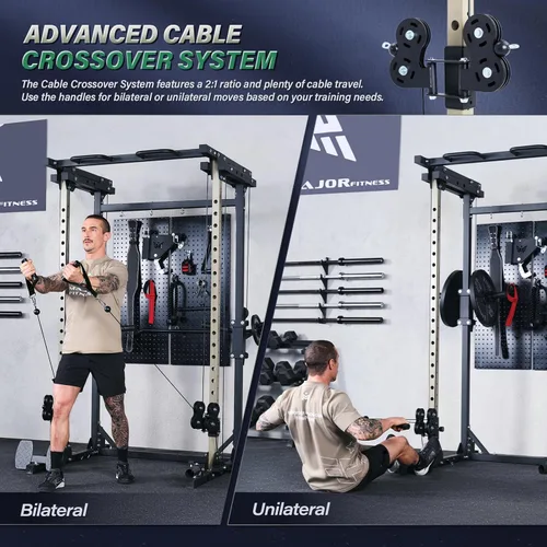 Miniatura 3 de MAJOR FITNESS Drone3 Power Rack, banco de sentadillas para gimnasio en casa de 2500lbs multifunción con sistema de polea doble, barra de tracción